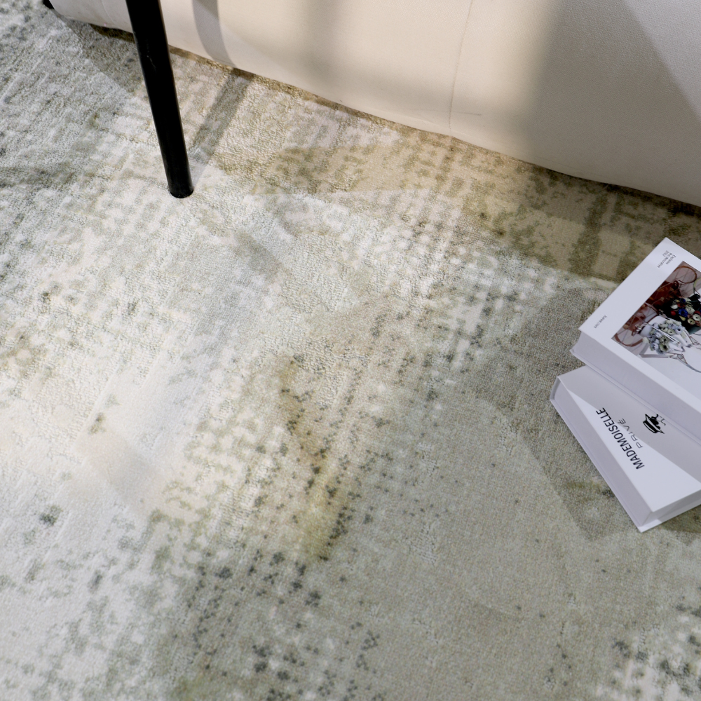 Veiled Eternity blended woven rug in neutral gray and beige tones with textured design.