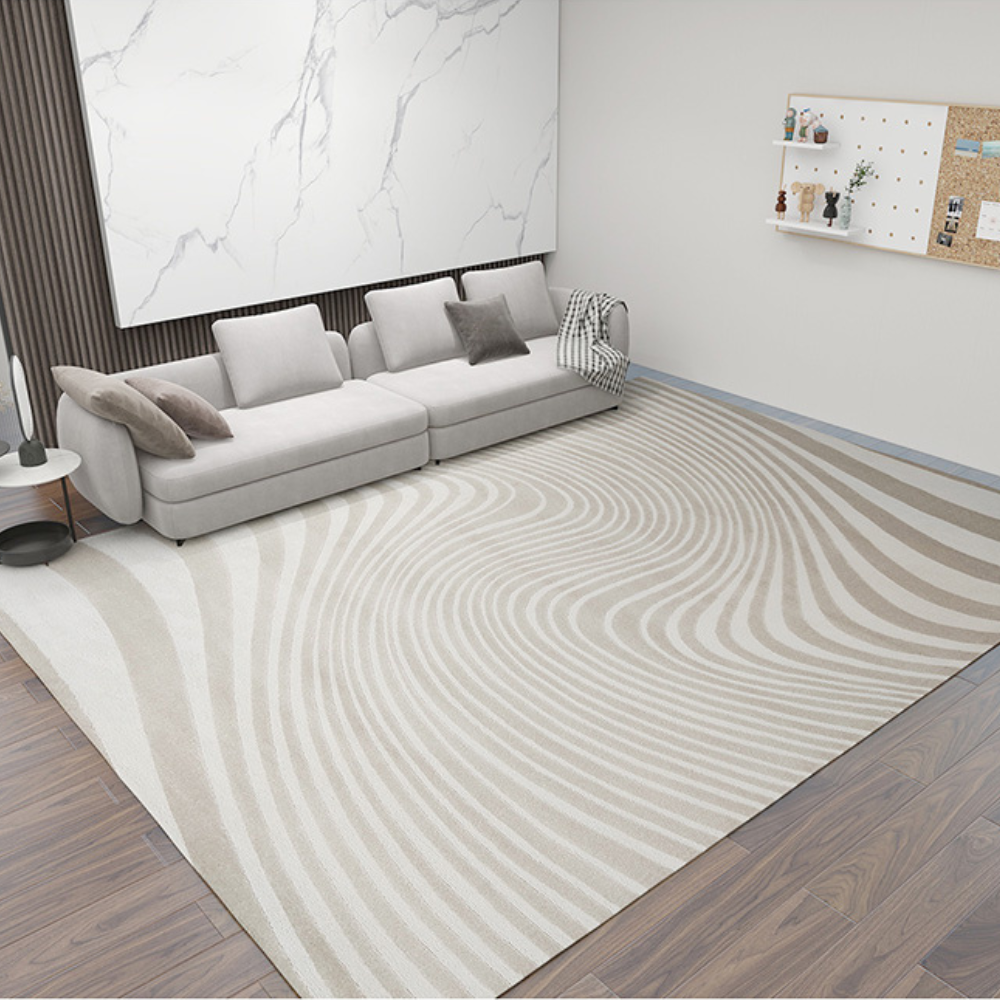 Beige wavy line rug enhancing modern living room decor