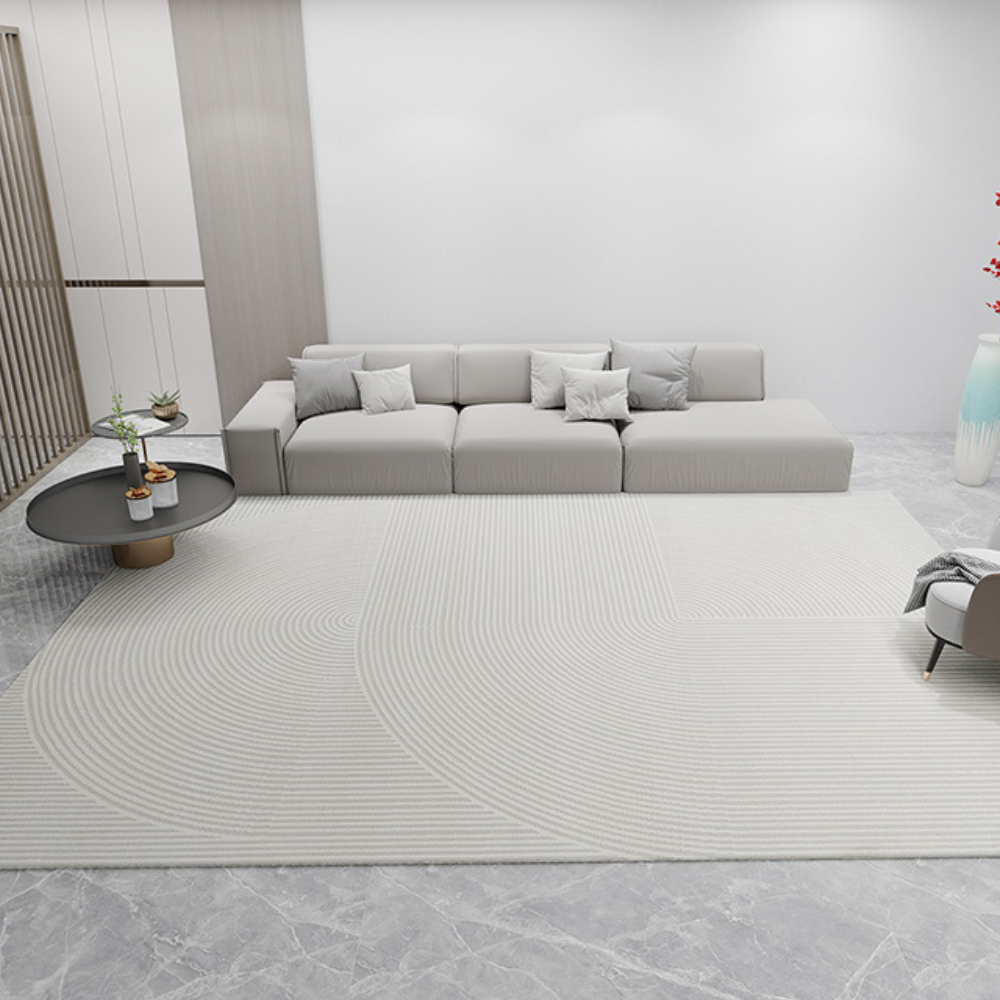 Elowen Stripes Textured Rug with circular patterns in a modern living room setting