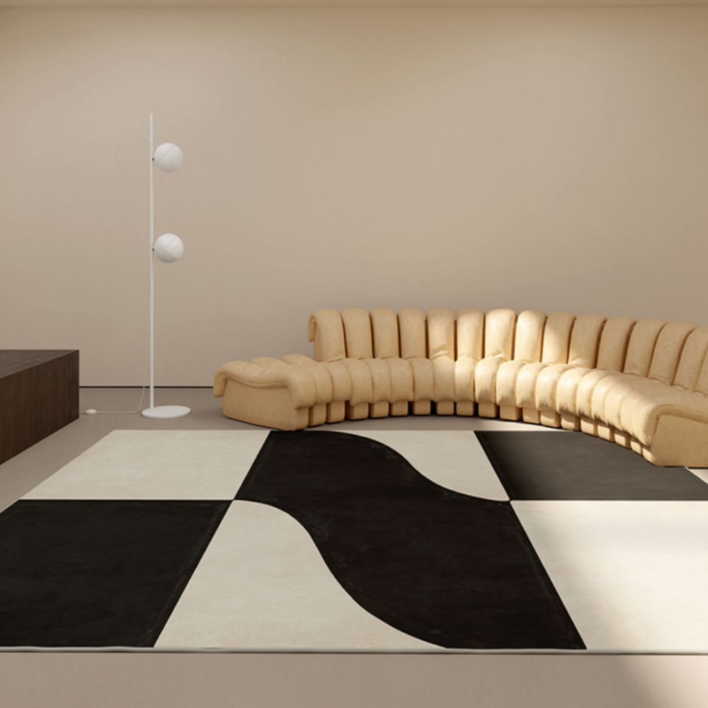 Contemporary black and beige abstract rug in modern living room setting