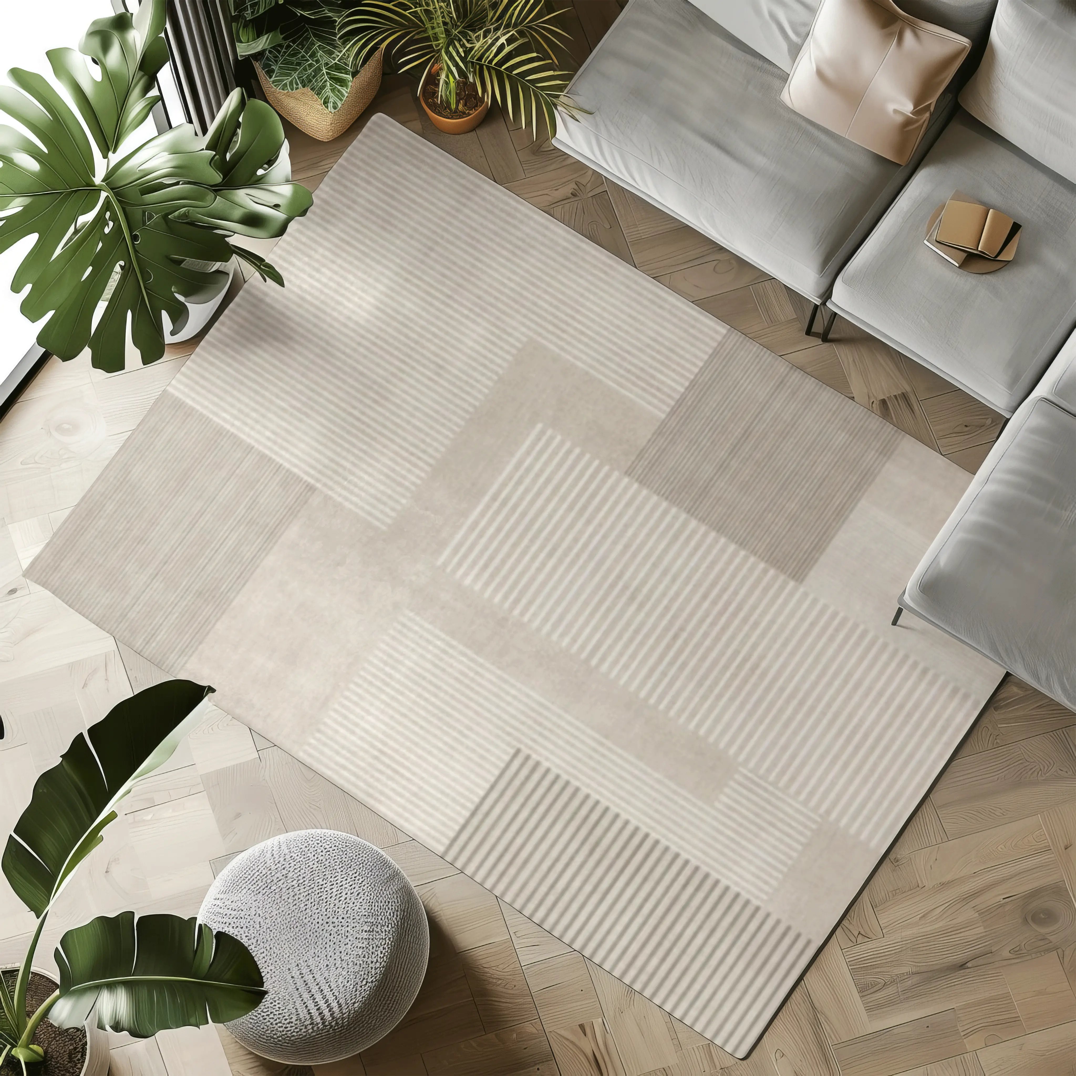 Urban Layers geometric rug in neutral shades with striped patterns in a modern living room