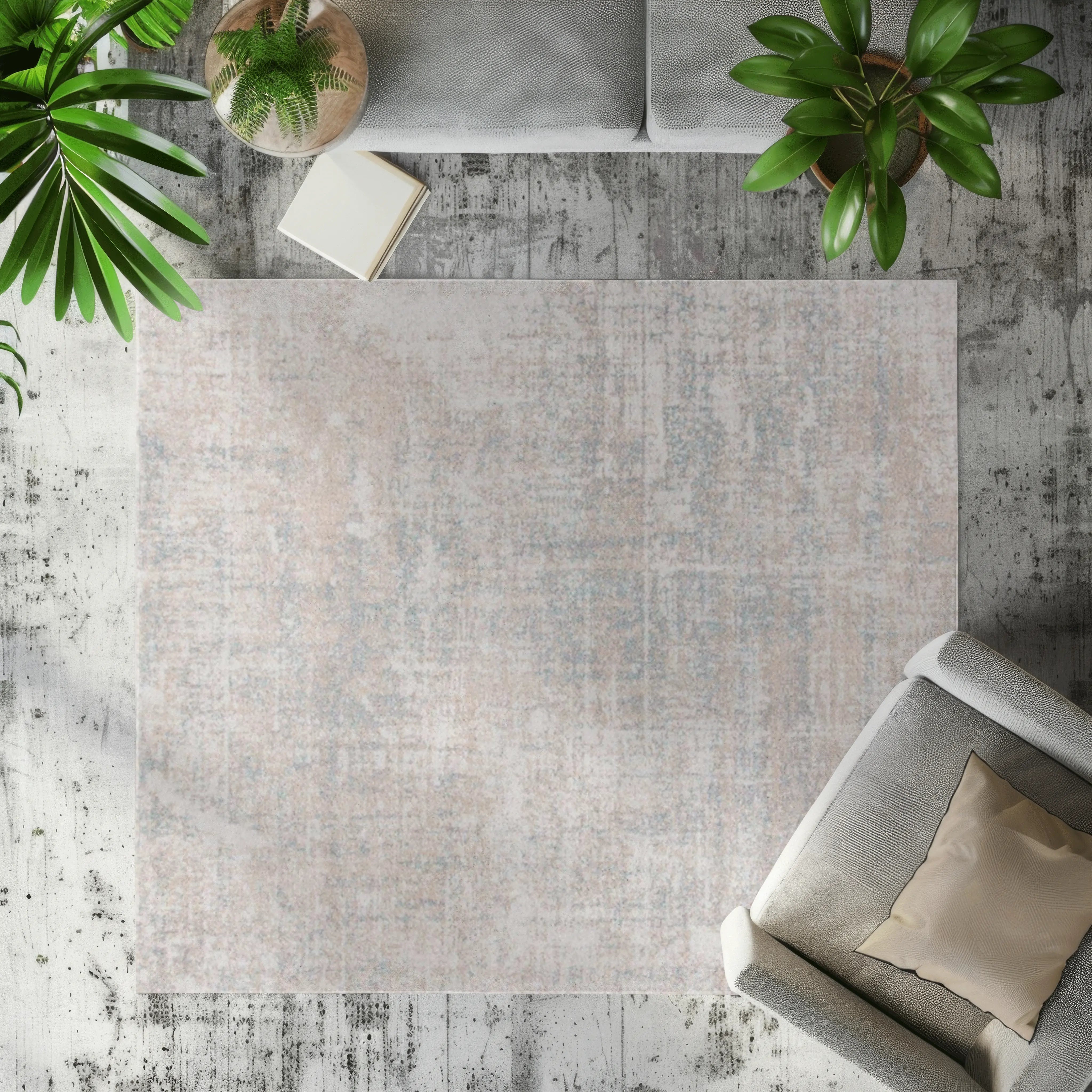 Harmonious Sunset Seren rug in neutral tones and blue accents on a stylish living room floor.