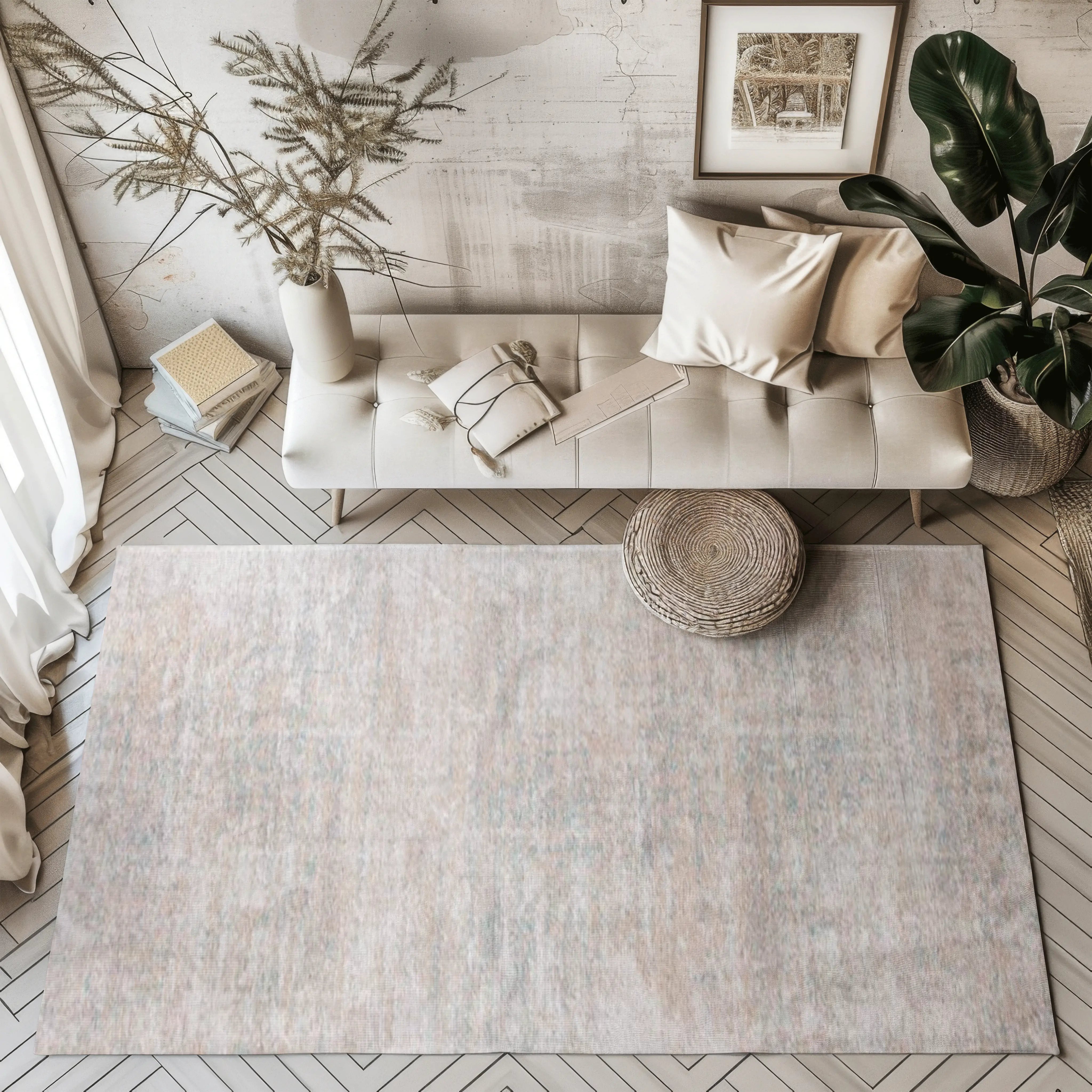 Harmonious Sunset Seren rug in a modern living room, showcasing neutral tones and blue accents.