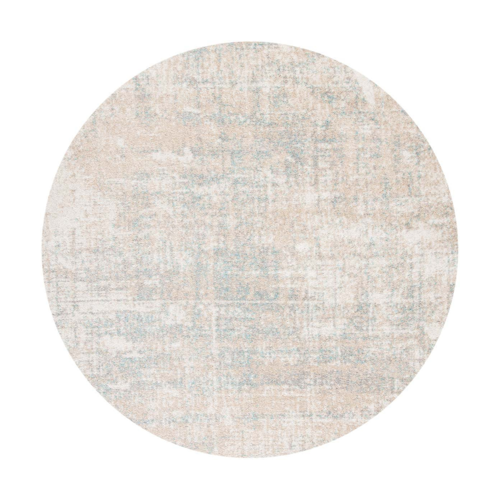 Round Harmonious Sunset Seren rug in neutral tones with soft blue highlights.