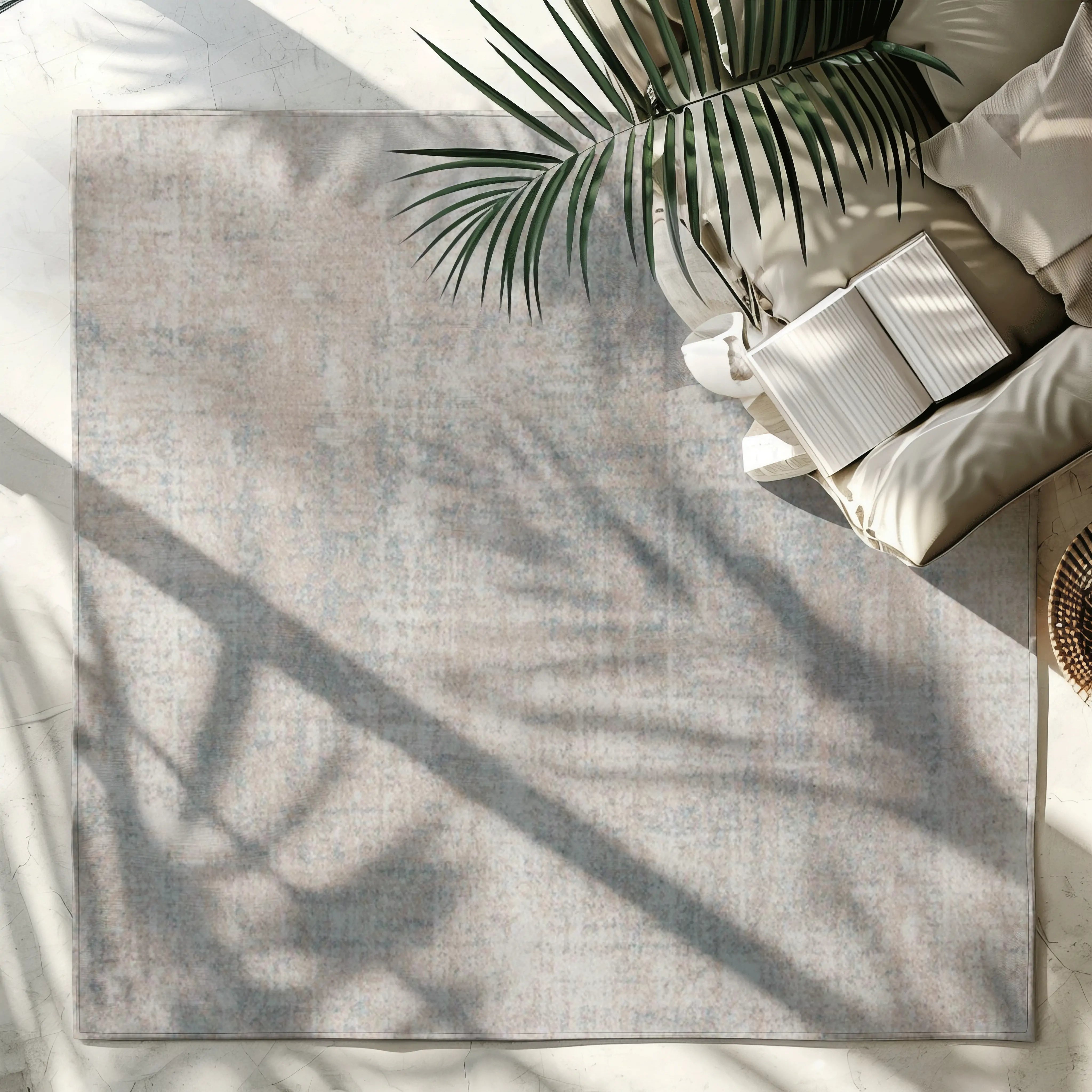 Harmonious Sunset Seren rug with soft neutral tones and blue accents in modern decor.