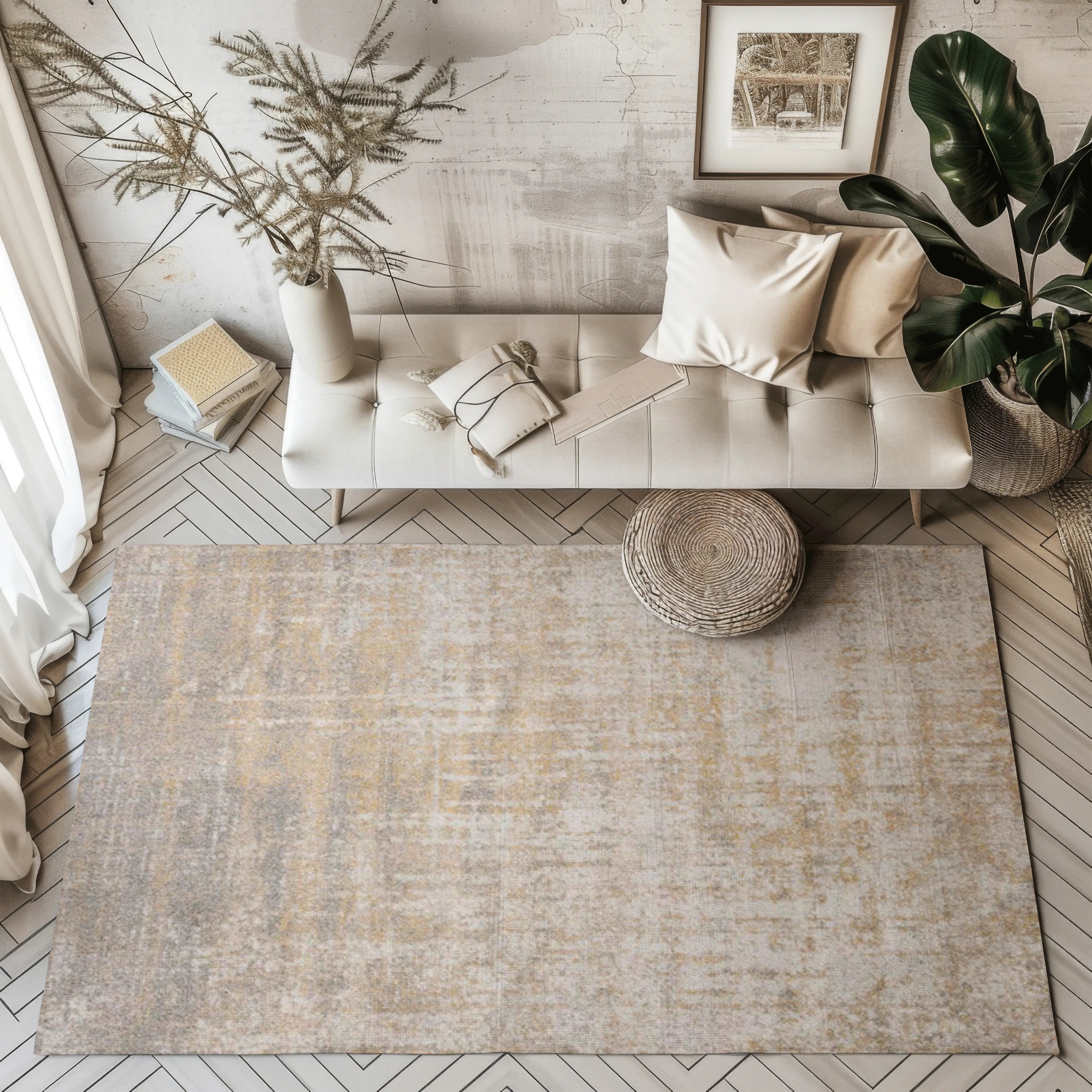 Whispering Sunset Simple Rug in beige and gray, ideal for elegant home interiors.