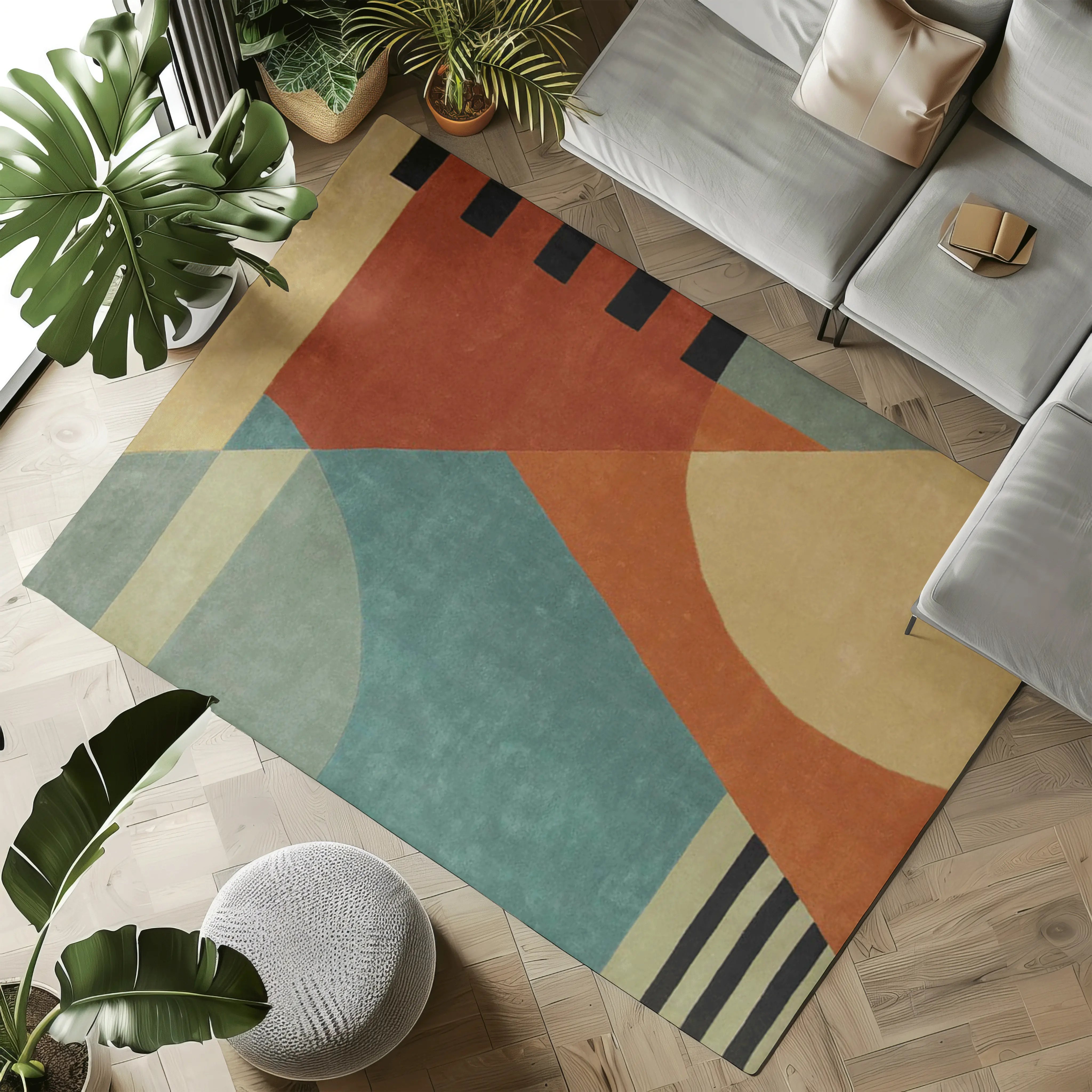 Stylish geometric rug in warm colors for modern home decor
