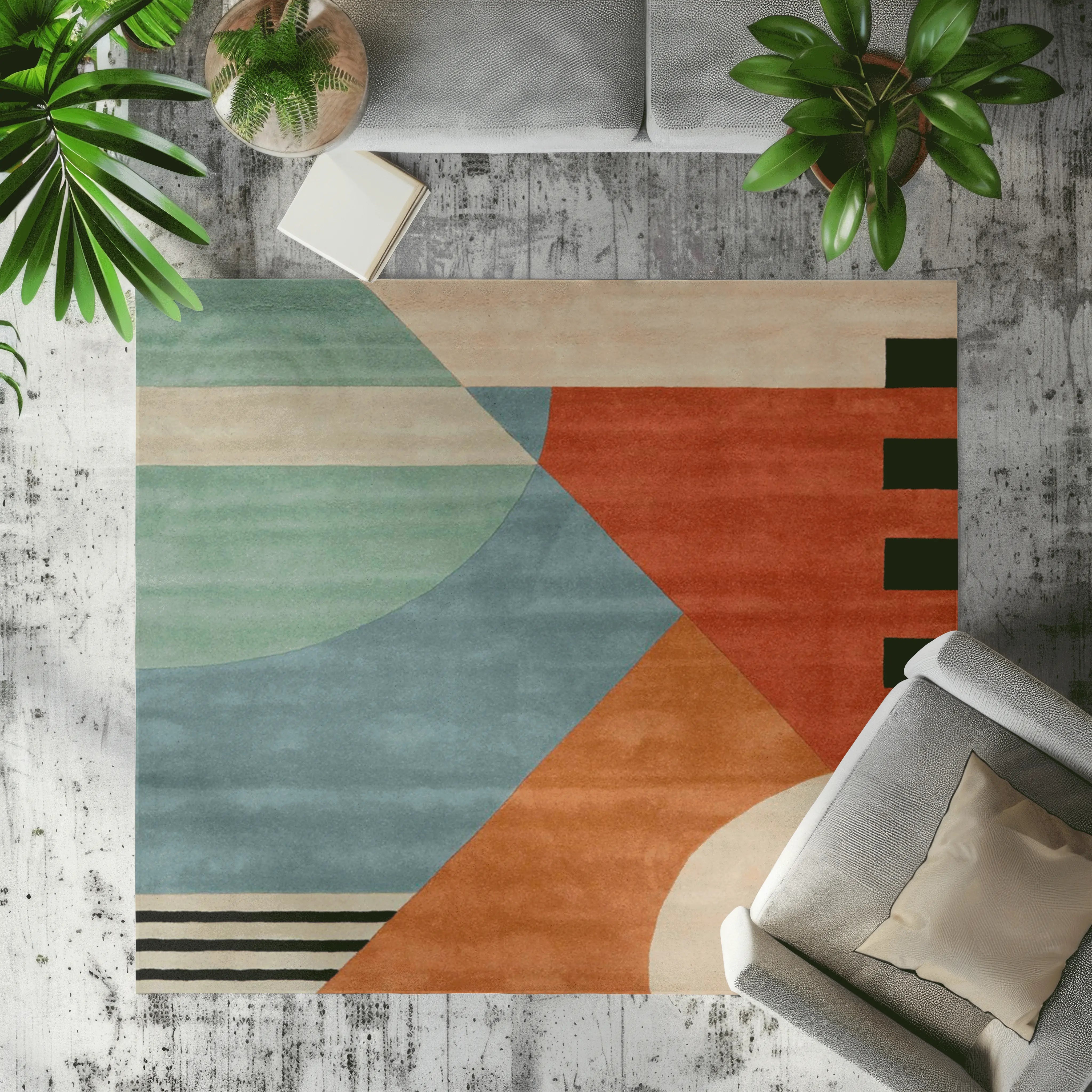 Colorful Velvet Reflection geometric rug enhancing modern living room decor.
