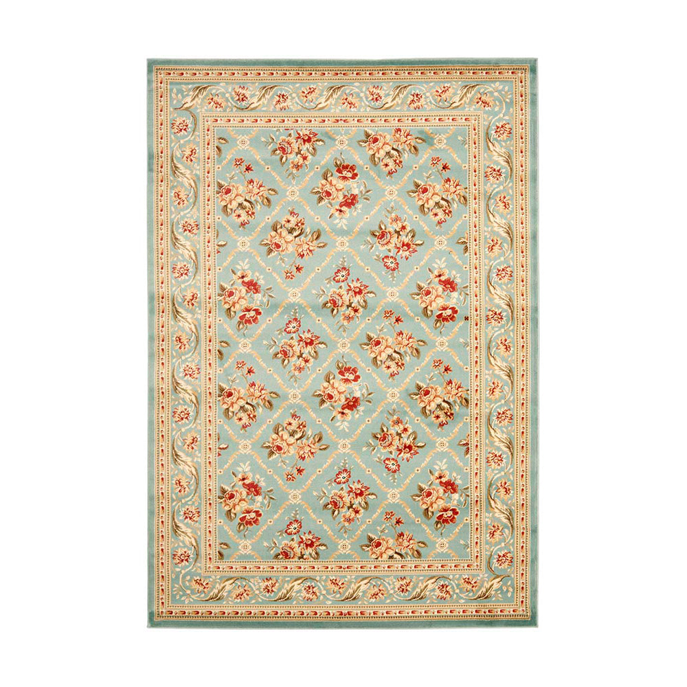 Vintage floral pattern rug in blue, red, and gold colors