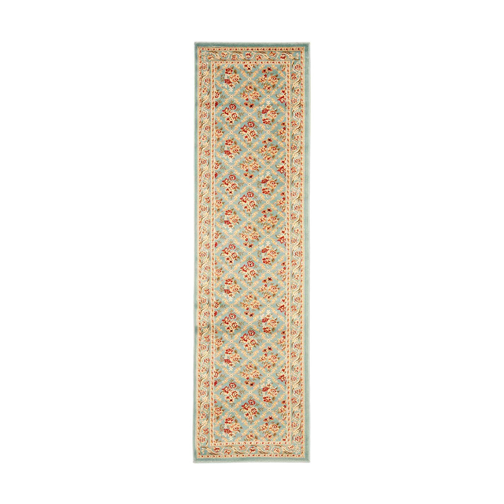 Vintage floral runner rug in blue, red, and gold for elegant home decor.