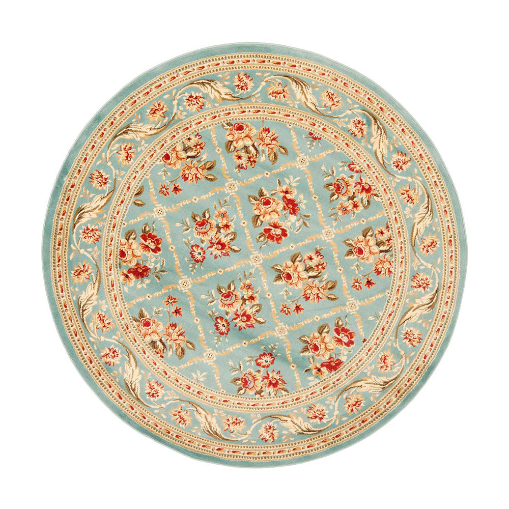 Round vintage floral rug with blue, red, and gold patterns, perfect for stylish interiors.