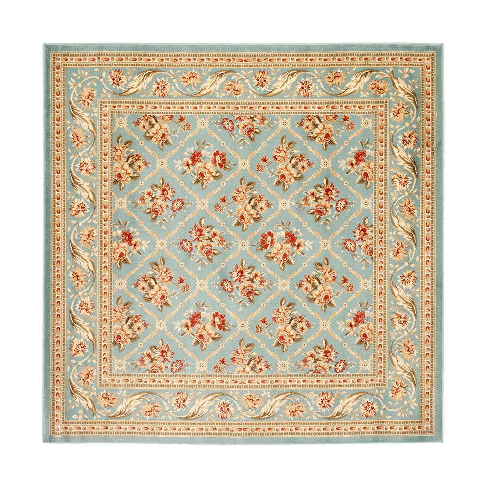 Vintage floral area rug in soft blue, red, and gold colors for elegant home decor.