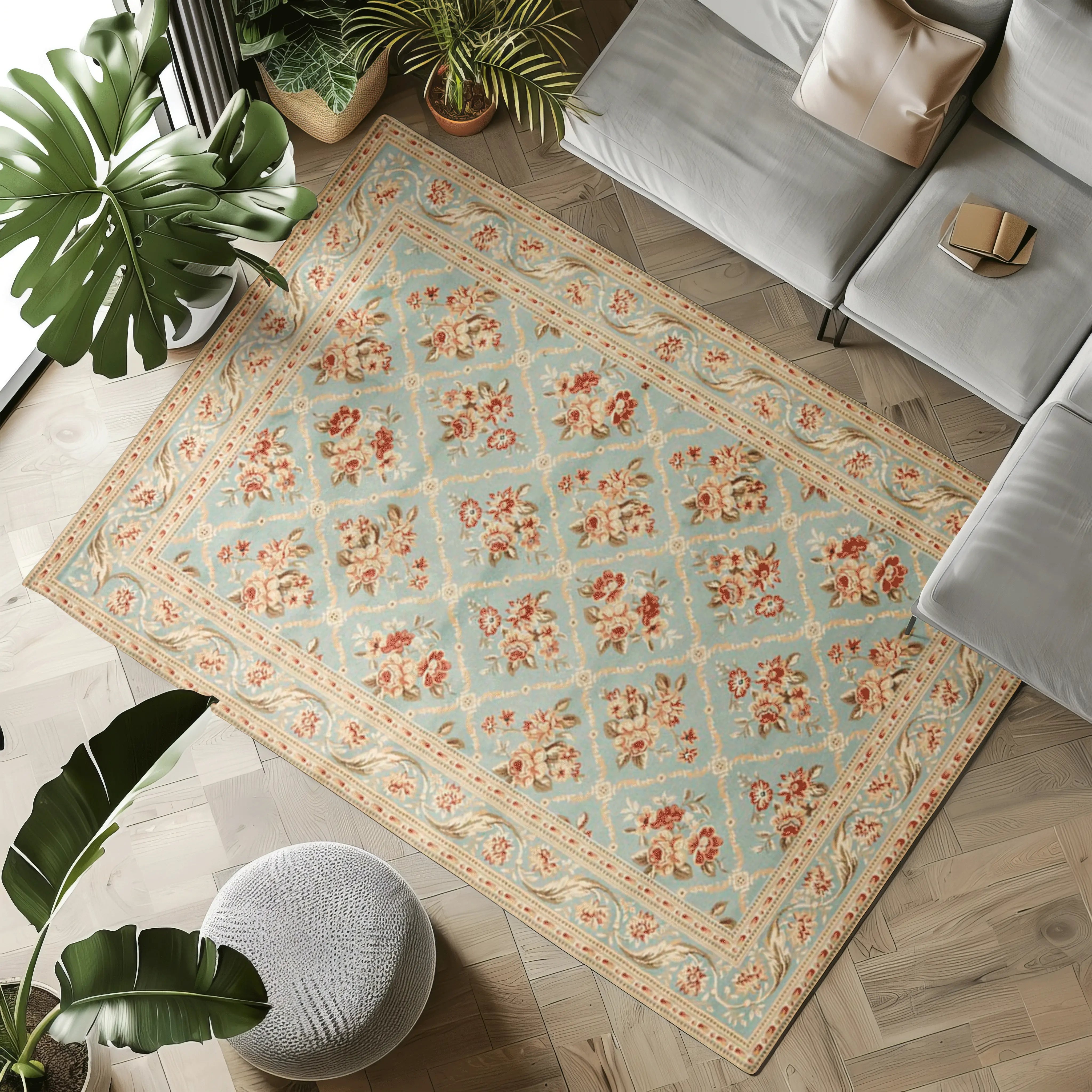 Vintage floral rug in blue and gold, adding elegance to a modern living room.