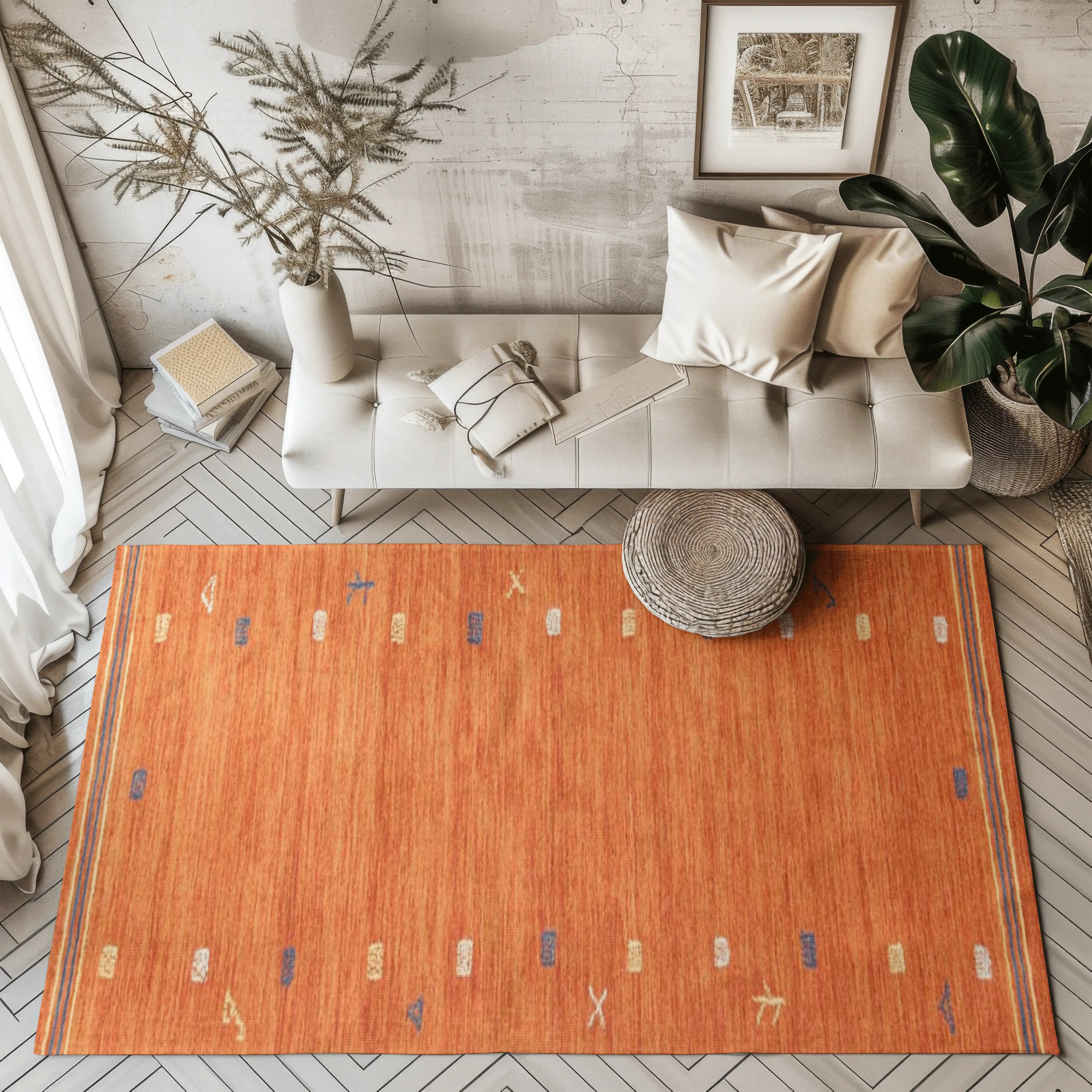 Stylish orange geometric washable rug for contemporary home decor