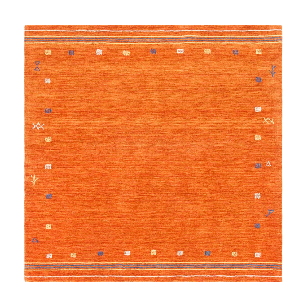 Square orange geometric washable rug with blue and cream accents for contemporary decor.