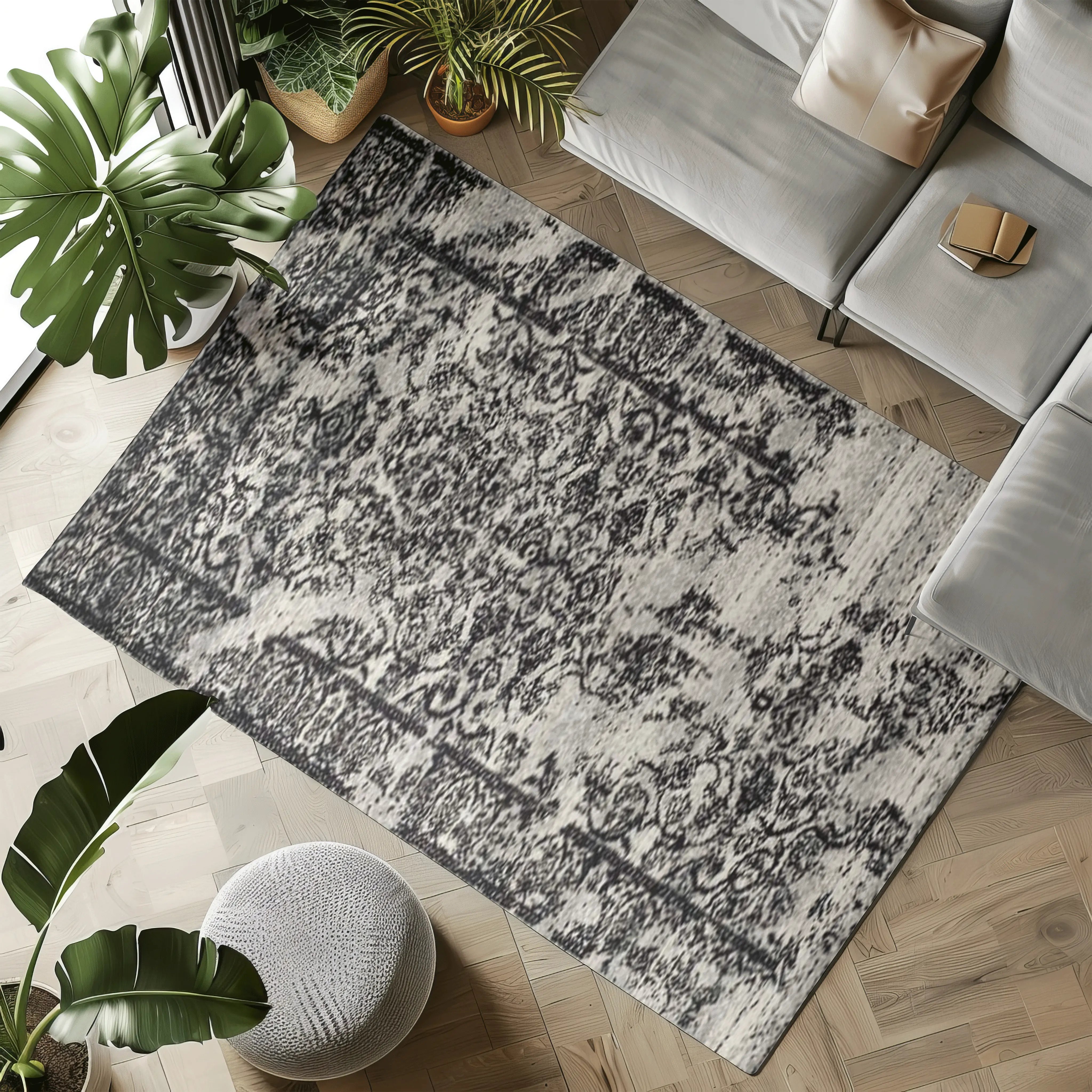 Gray vintage velvet waves rug with floral design in modern living room setting