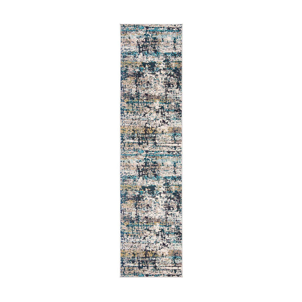 Long Mystic Lagoon Scandinavian rug with abstract blue, beige, and gray pattern.