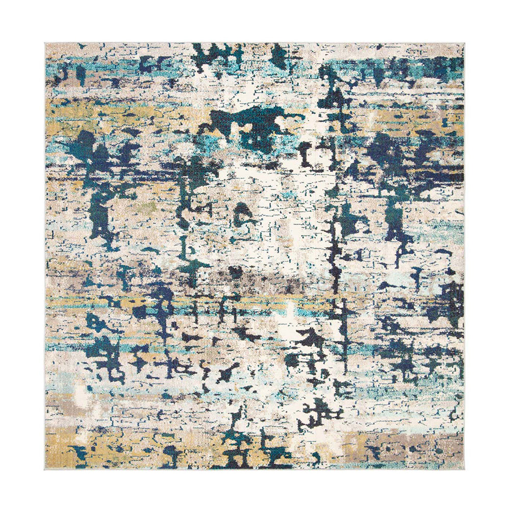 Square Mystic Lagoon Scandinavian rug with abstract blue, beige, and green design.
