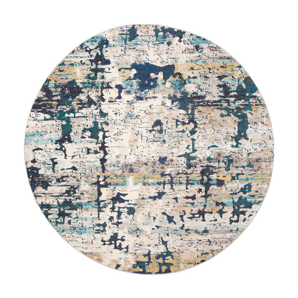 Round Mystic Lagoon Scandinavian rug with abstract blue and beige design.
