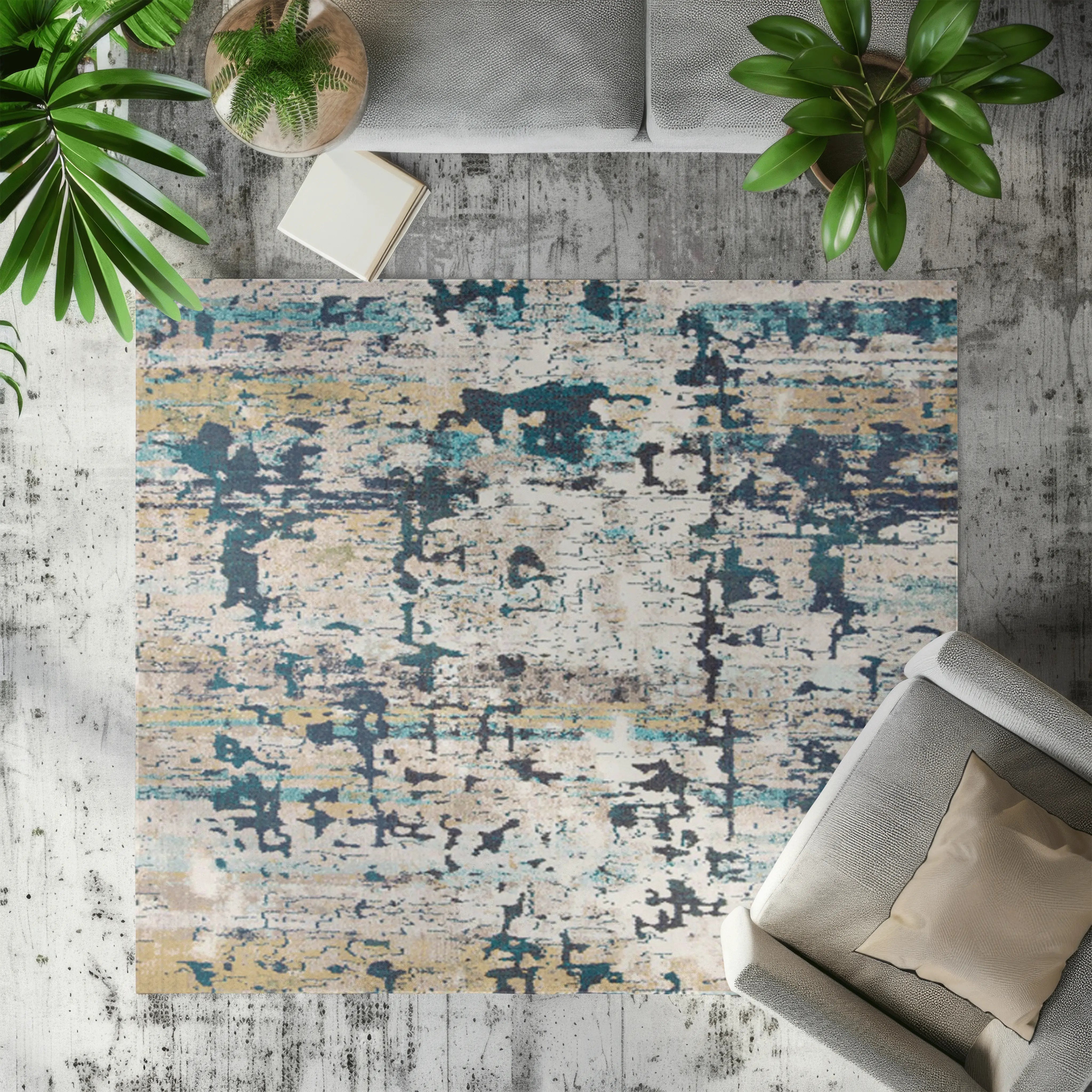 Top view of Mystic Lagoon Scandinavian rug with abstract blue and beige pattern in living room.