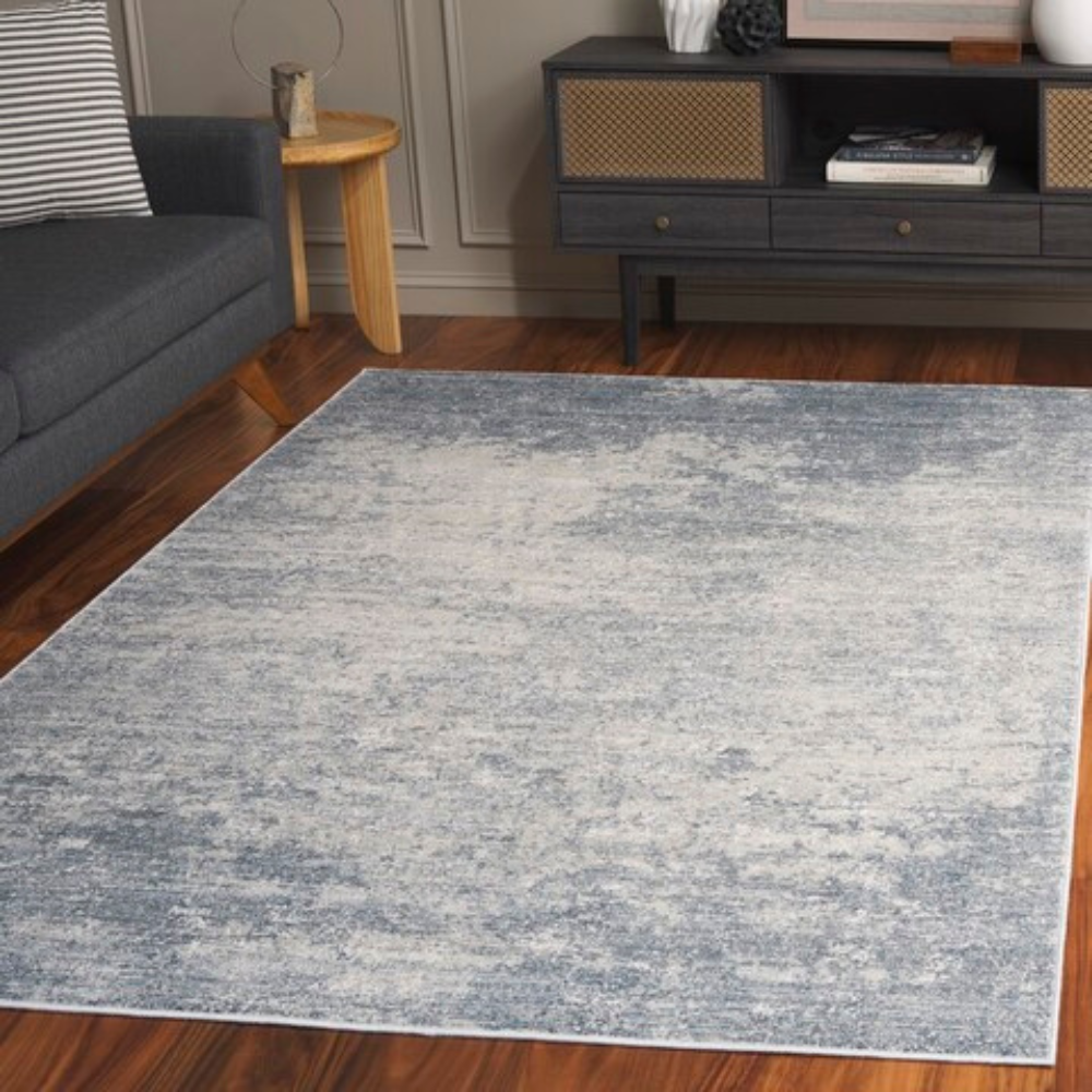 Gray and blue abstract washable rug for modern home decor
