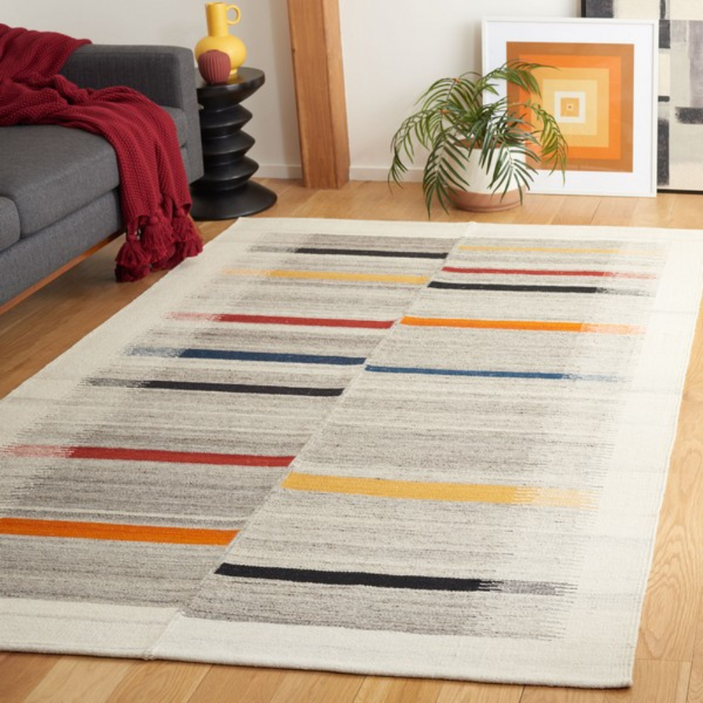 Dreamy Rainbow Stria rug with vibrant stripes, ideal for contemporary home interiors.