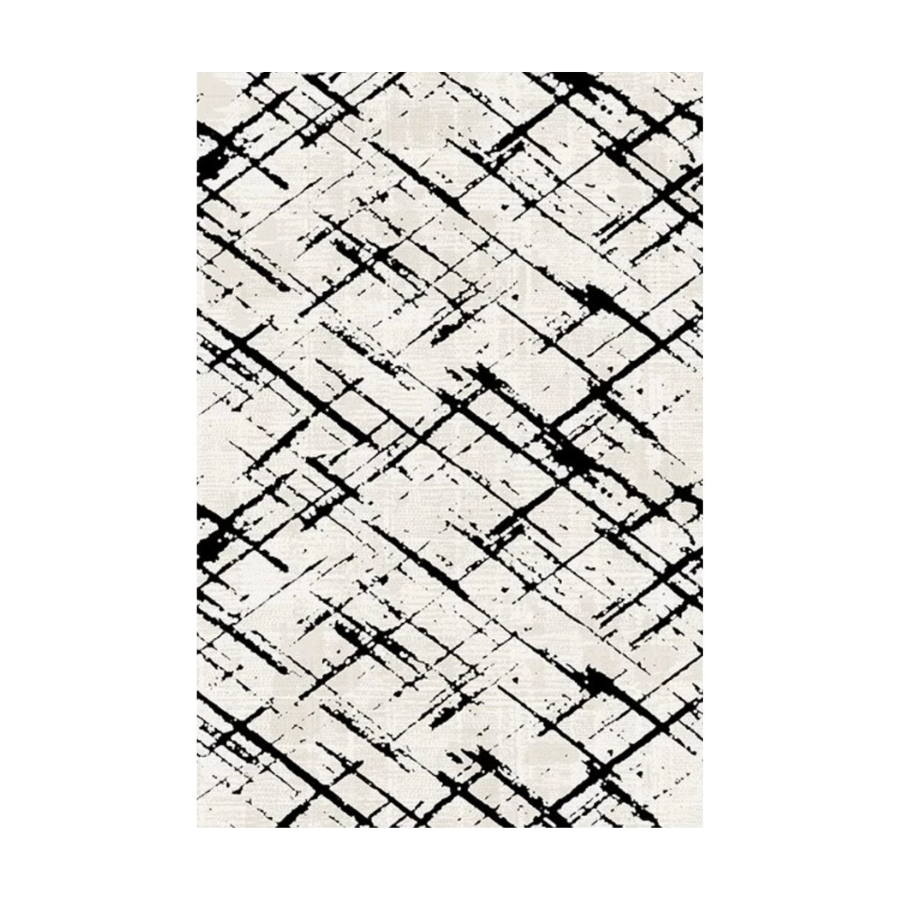 Ophelia abstract washable rug with black and white crisscross pattern
