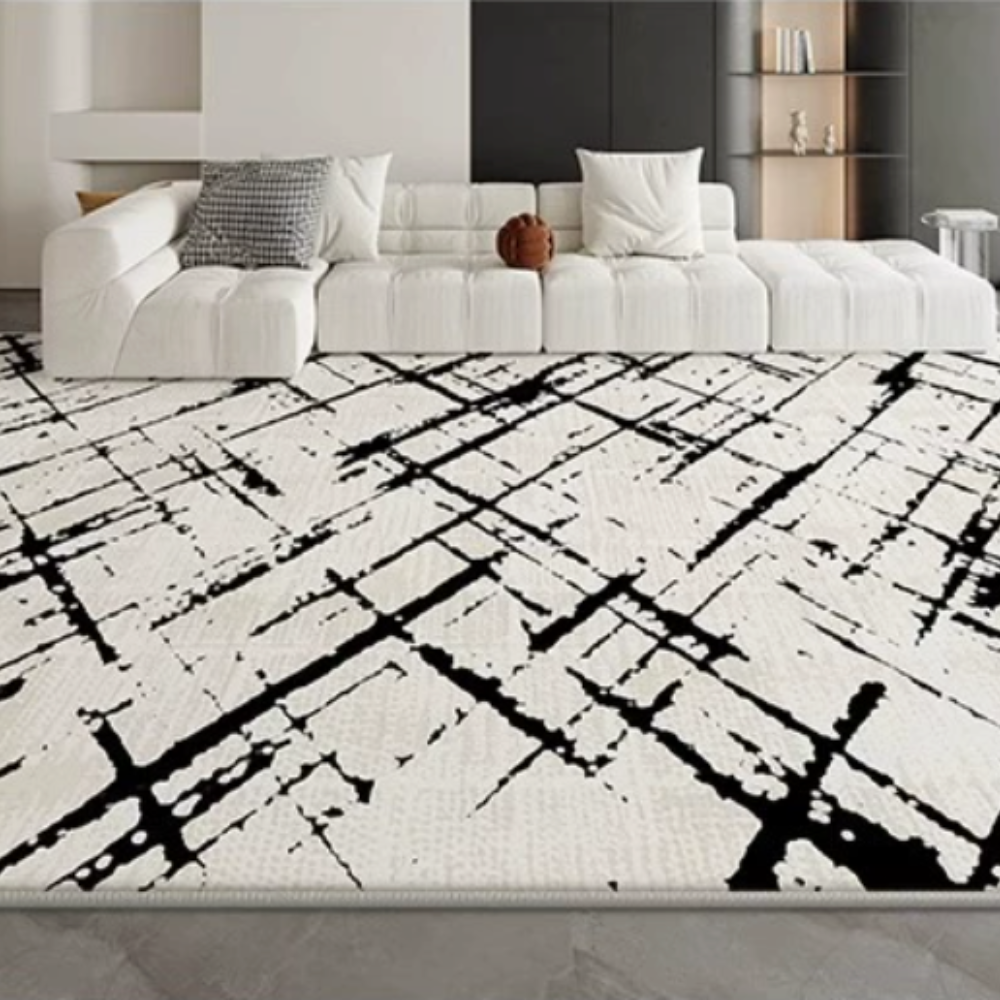 Washable Ophelia abstract rug in black and white crisscross design for modern decor
