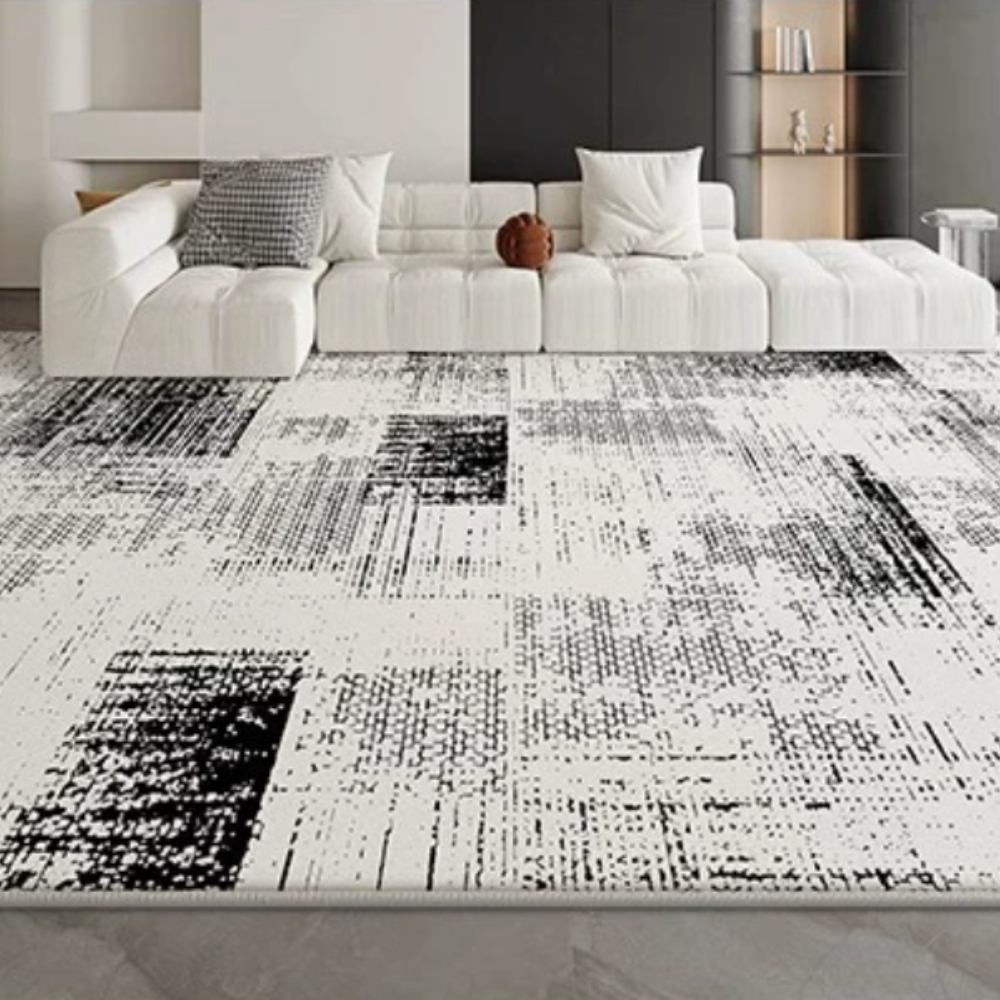 Geometric black and white washable rug in modern living room