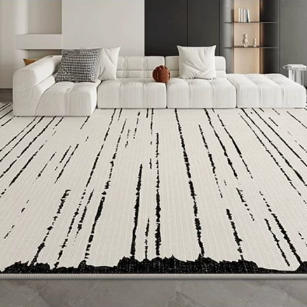 Contemporary washable rug with black and white striped pattern in modern living room