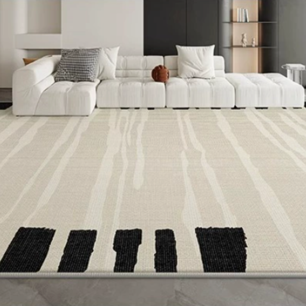 Contemporary black and beige washable rug with abstract stripes in modern living room