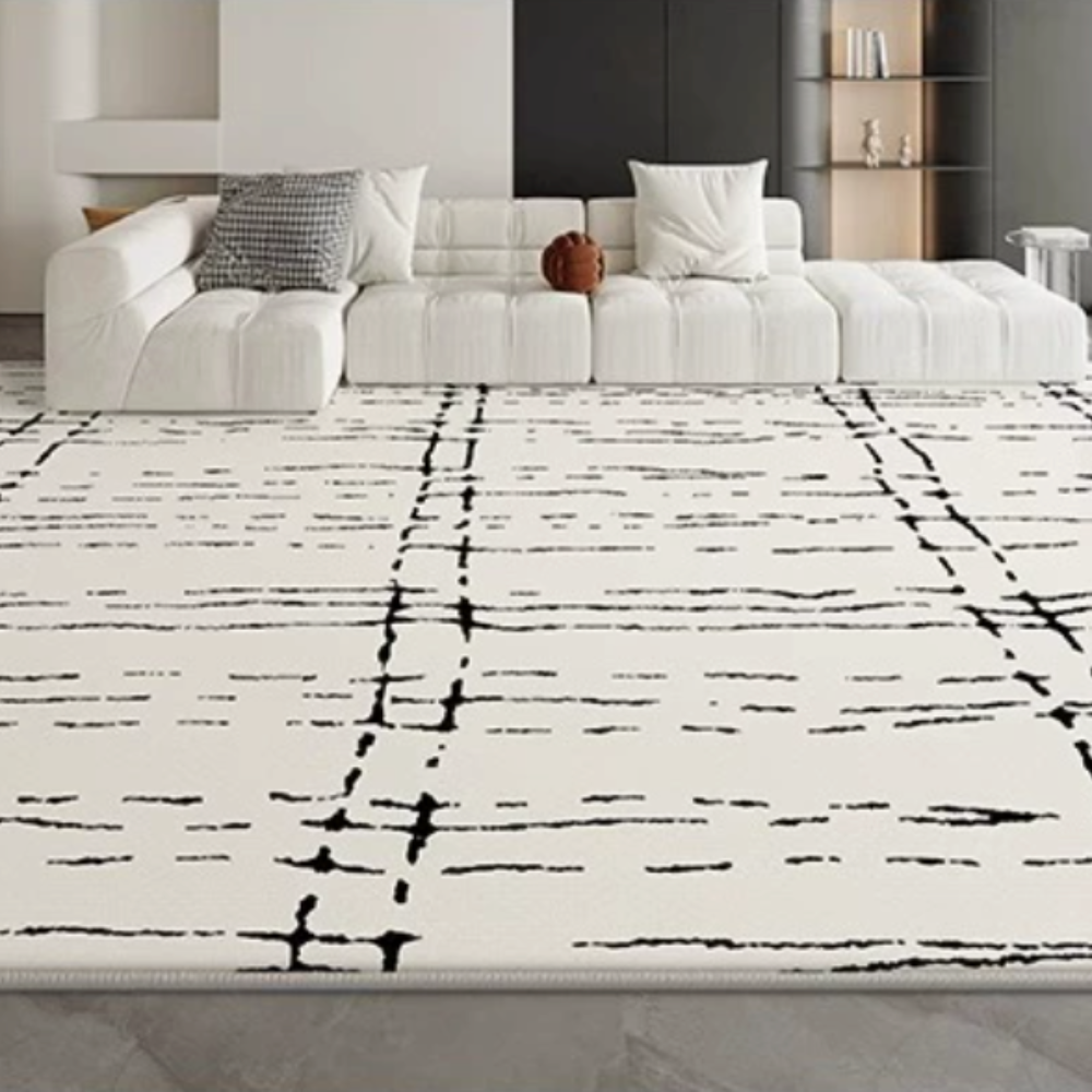 Evangeline Stripes washable rug in black and white grid pattern for modern decor