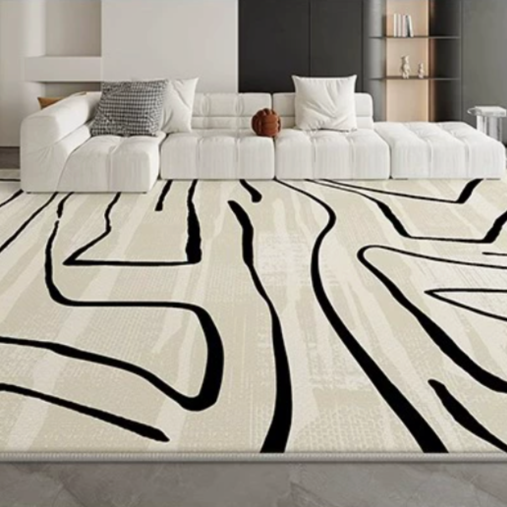 Modern Galadriel Stripes washable rug with black lines on beige background