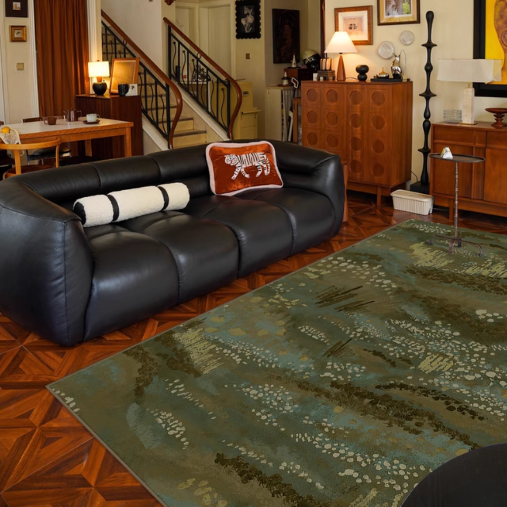 Botanical green rug enhancing a cozy living room with modern decor.