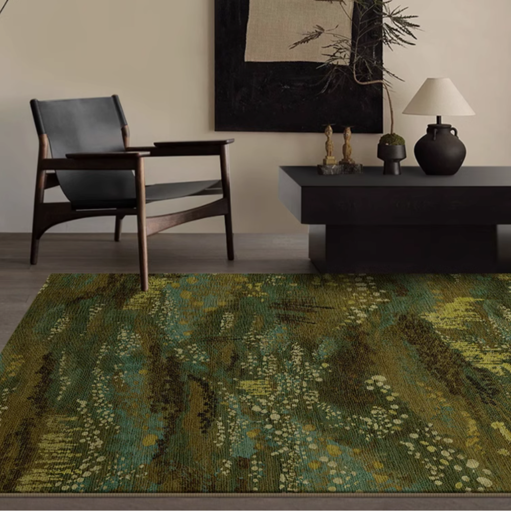 Green botanical rug adding a touch of nature to contemporary living room decor.