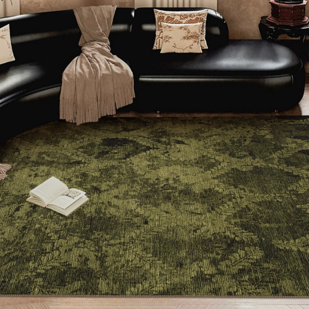 Botanical green washable rug enhancing a stylish living room decor