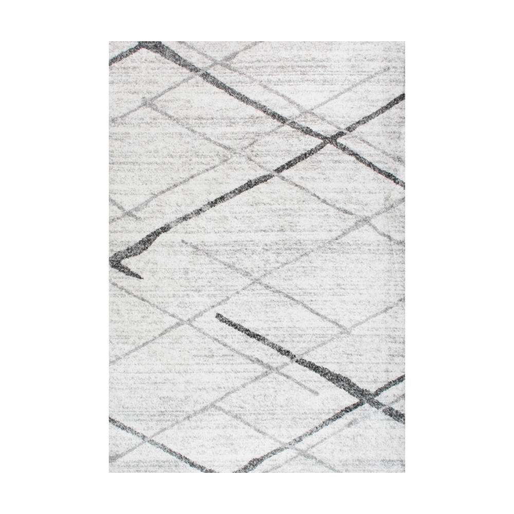 Zephyrus Stripes washable rug with geometric gray and white pattern.