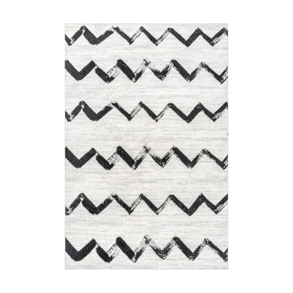 Nerissa Waves washable rug with black zigzag design