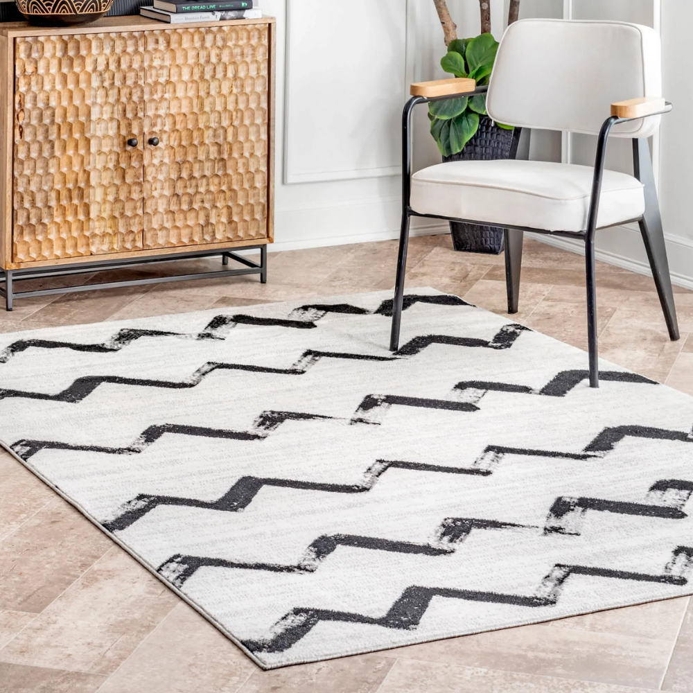 Washable Nerissa Waves rug with black zigzag pattern in contemporary setting