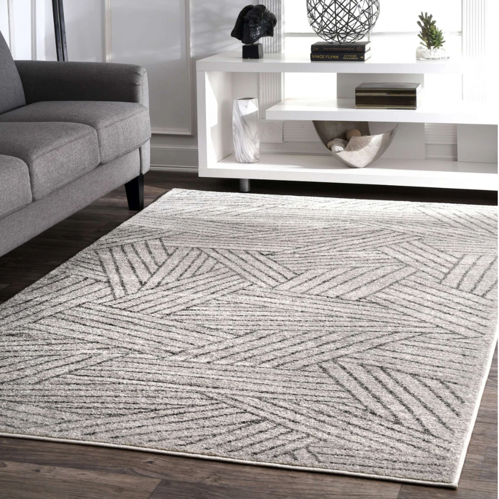 Zaria Stripes washable rug with geometric gray pattern in modern living room