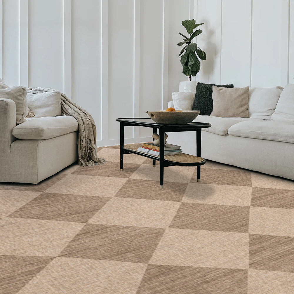 Beige checkered rug in a modern living room with sofa and coffee table.