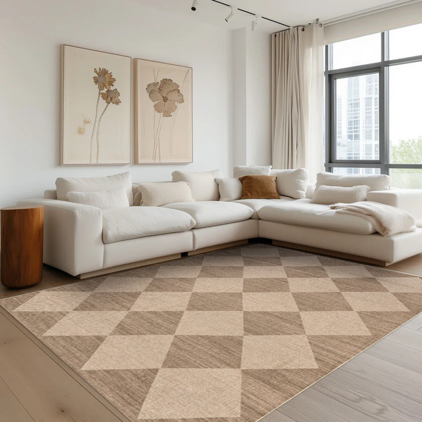 Beige checkered rug enhancing modern living room decor