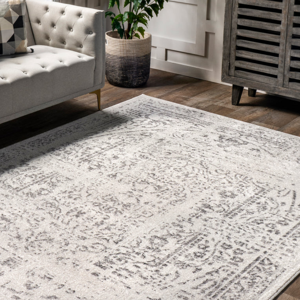 Gray and white Selina vintage washable rug in elegant living room