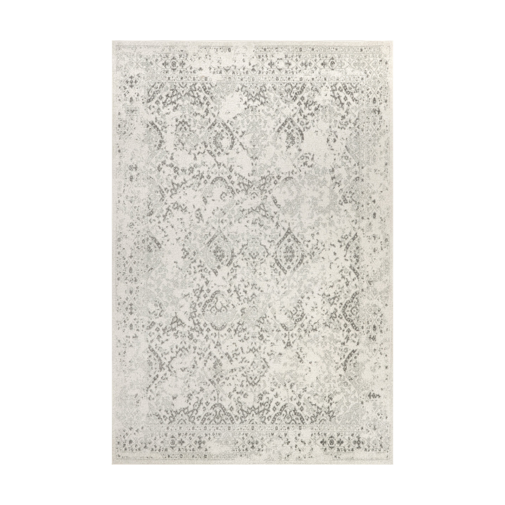 Yvaine Persian washable rug with gray intricate patterns, perfect for home decor.