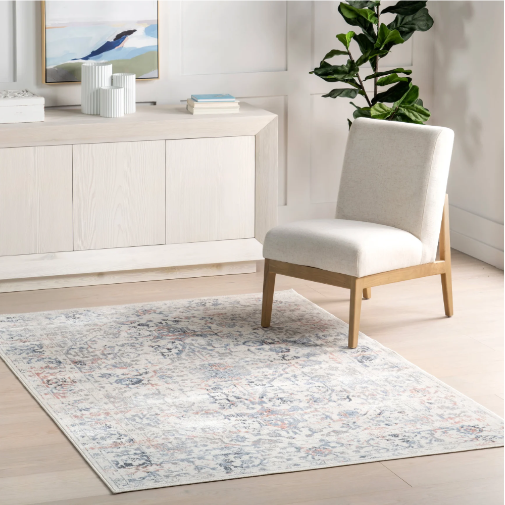 Soraya Persian washable rug with elegant floral pattern in blue and beige