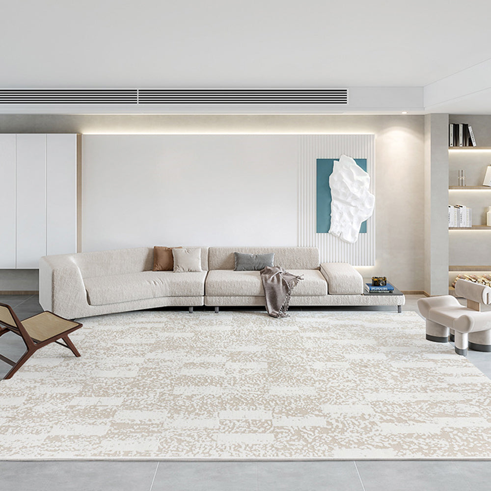 Stylish light abstract rug in modern living room, ideal for contemporary decor.