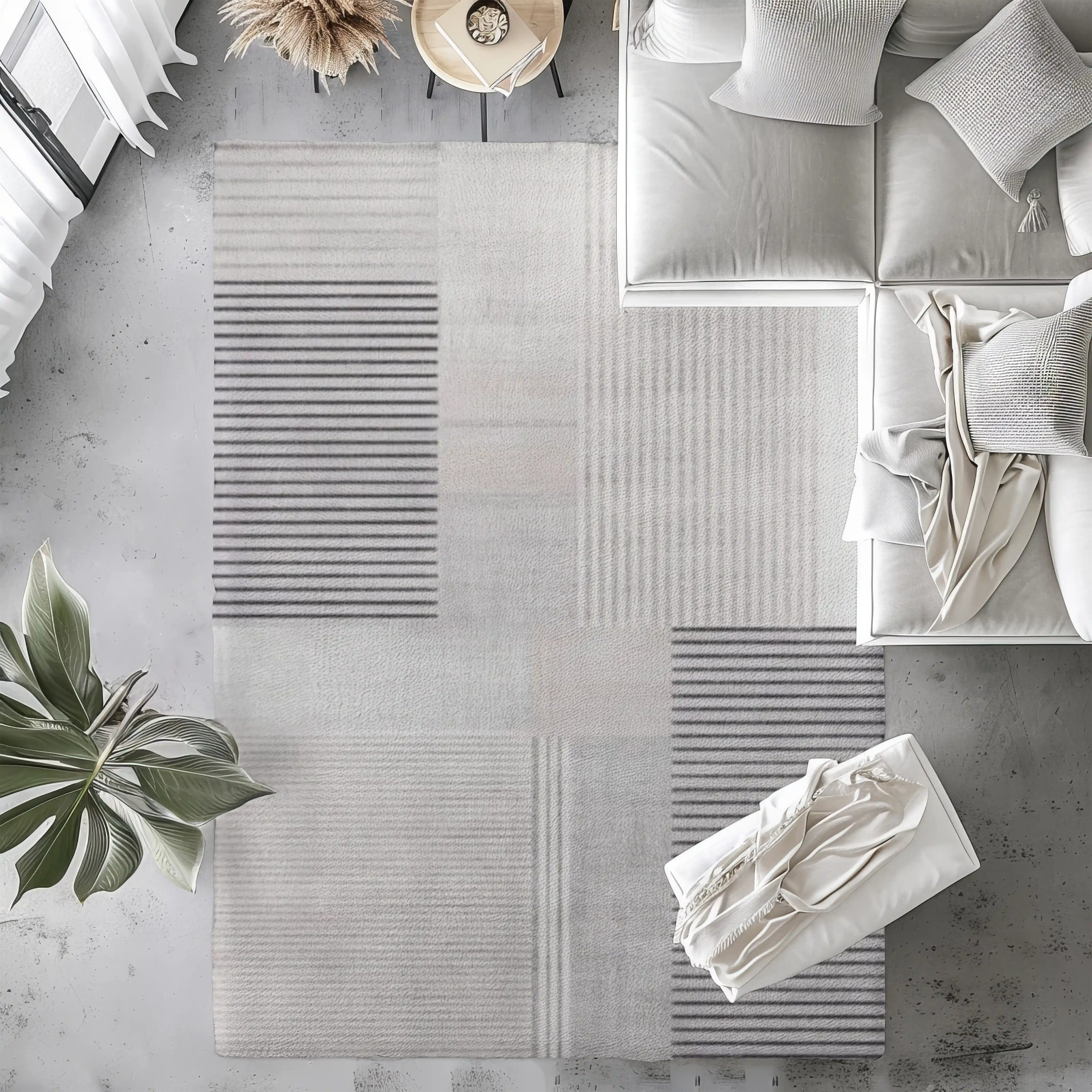 Japanese minimalist rug with striped patterns in neutral tones in modern living room