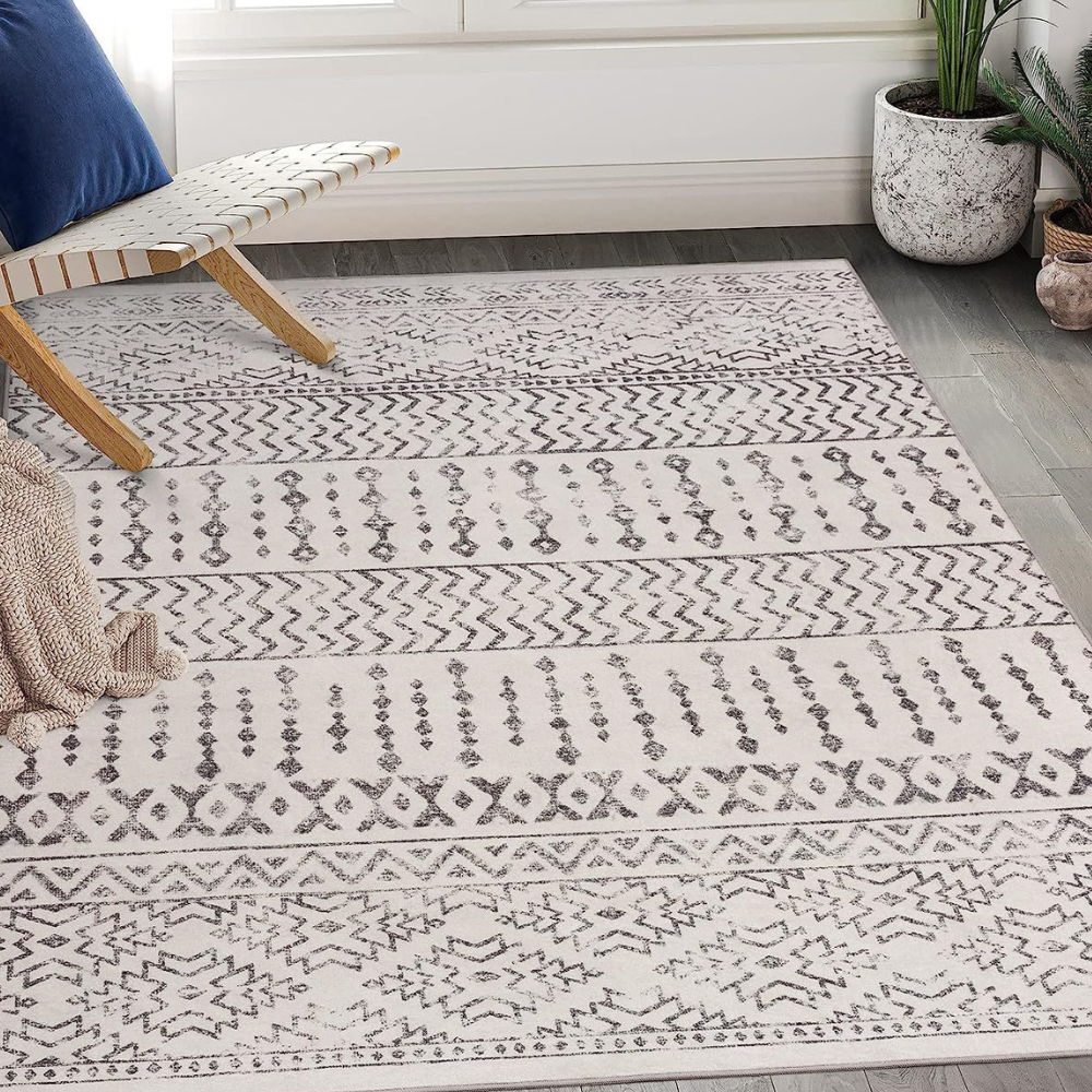 Gray and white geometric Kavira rug perfect for modern home decor