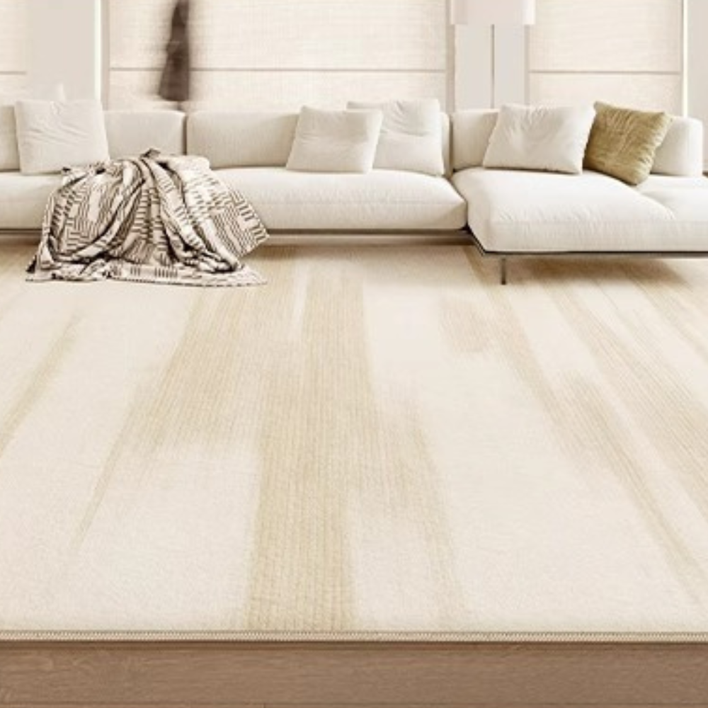 Cream and beige Enchanted Oasis rug styled in a modern living room.