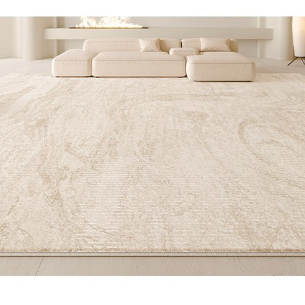 Golden Whisper Modern Rug with light beige marble pattern in contemporary living room.
